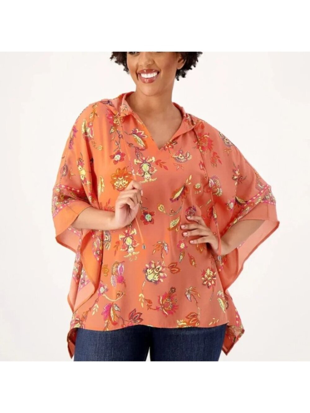 Belle by Kim Gravel Poncho Sz M Hooded Boho Brights Border Print Coral A588029